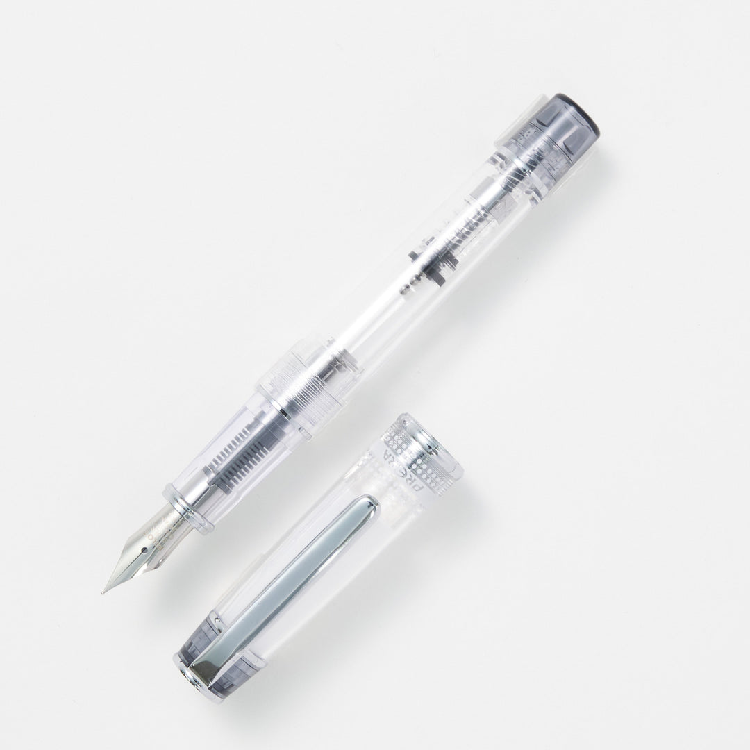 文具クワウチで販売するパイロット　万年筆　プレラ 色彩逢い(FPRN-350R)透明ブラック全体像です。