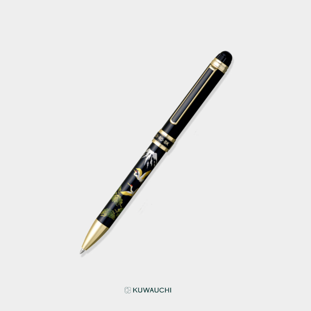 文具クワウチが販売するプラチナ万年筆 ダブルアクション「近代蒔絵」多機能ボールペン　富士に鶴　全体像です。